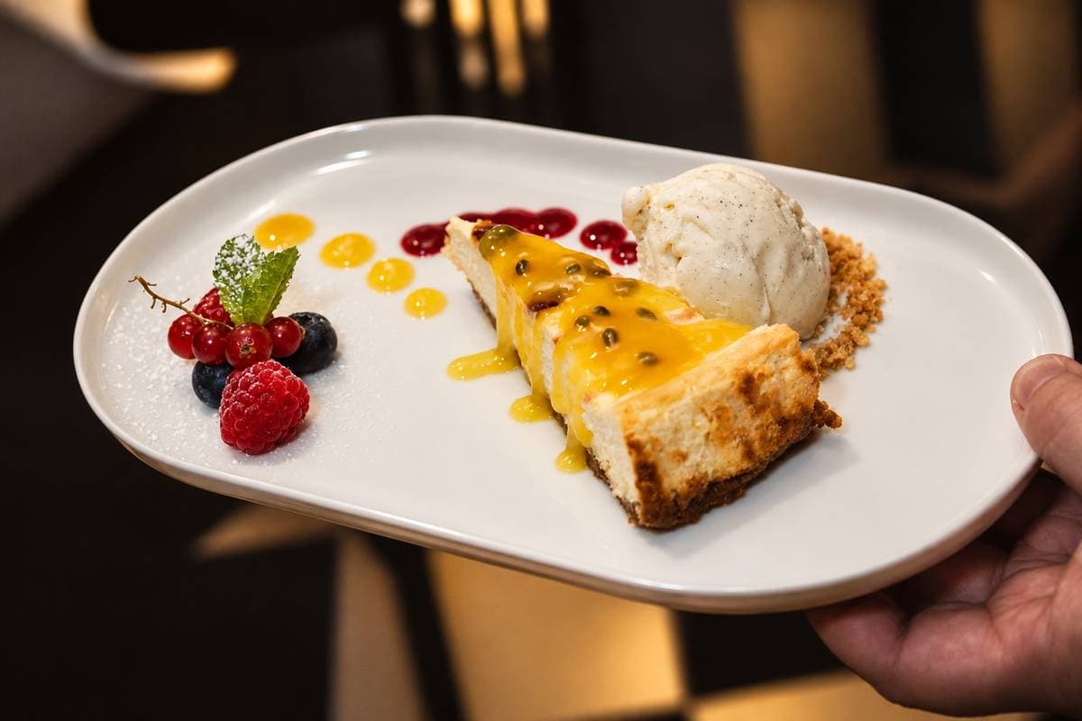 Porción de tarta de queso con maracuyá, helado de vainilla y frutos rojos en un plato ovalado, sostenido en la mano